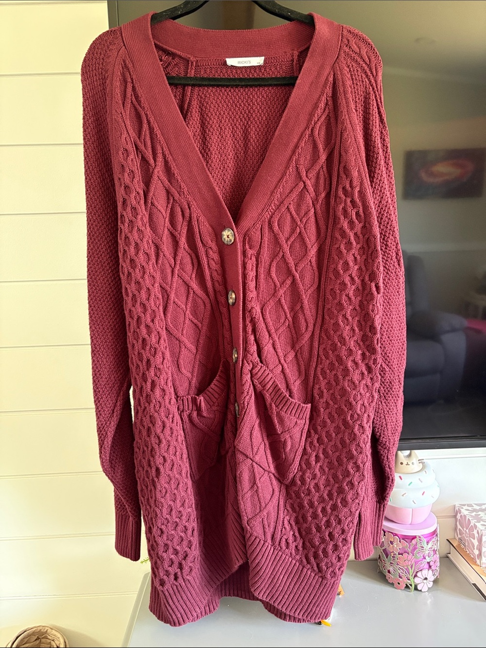 NWOT Ricki’s Cozy Cotton Women's Cable Knit Cardigan Sweater - Burgundy
